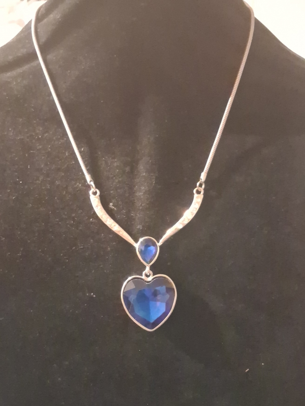 Silver-Tone Heart Pendant Necklace with Deep Blue Crystal Accent